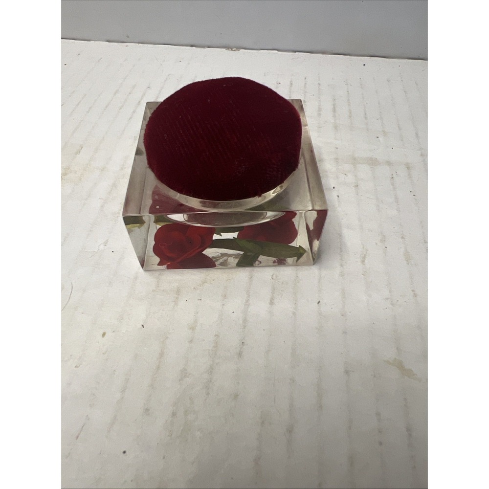 Vintage Bircraft Lucite Pin Cushion Reverse Carved Red Rose Acrylic 2"